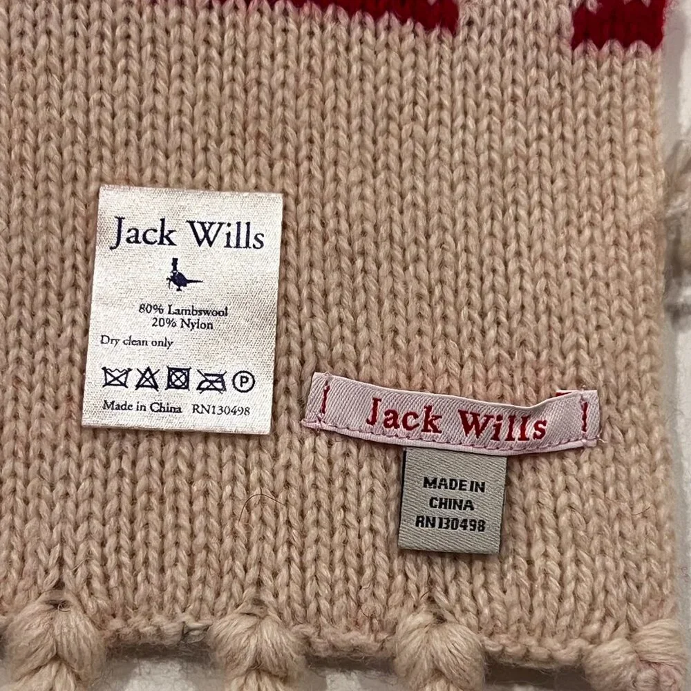 Jack Wills Wool Blend Nordic Tree Scarf, NWOT, Red Cream, OS